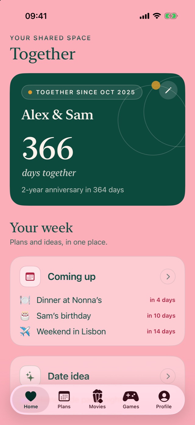 Home screen: Alex and Sam, 366 days together, with dinner at Nonna's, Sam's birthday and a weekend in Lisbon coming up.