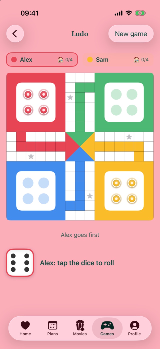A game of Ludo between Alex and Sam, with the dice ready to roll.