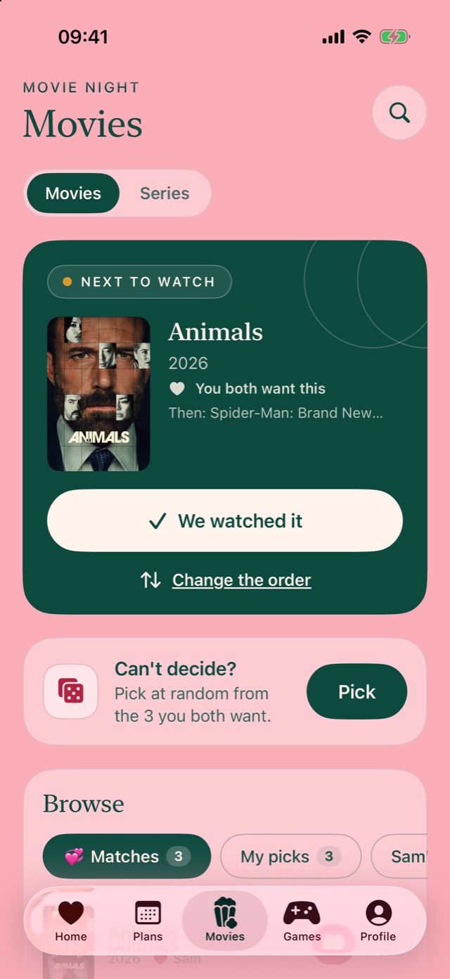 Movies screen: the film you both want to watch next, a button to mark it watched, and a random pick from your matches.